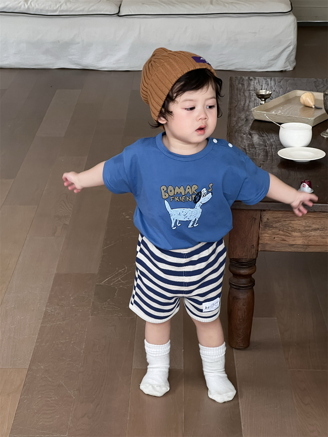 男童夏季衣服薄款2026儿童夏装韩版童装宝宝卡通T恤条纹短裤套装