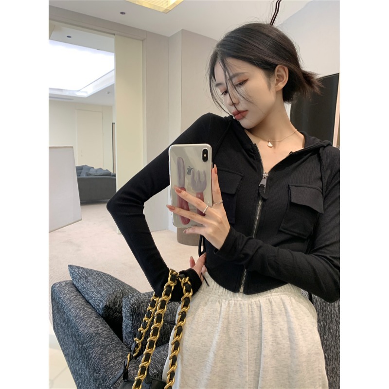 2023 Otoño e Invierno nueva chica caliente bolsillo con capucha Delgado cremallera cardigan suéter estudiante corto Top moda femenina