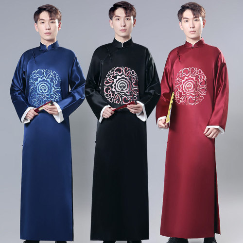 Men Chinese best man group dress wedding groomsman robe tunics embroidery costume young men tang suit republic of China of Chinese crosstalk host long coat