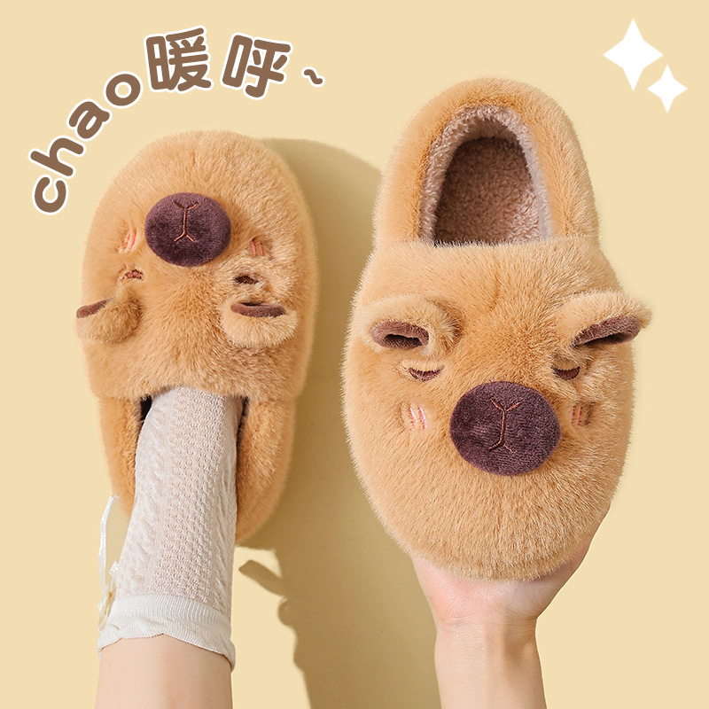 Capibara mujer invierno 2025 nuevo hogar interior pareja antideslizante tacones zapatillas de peluche para hombre