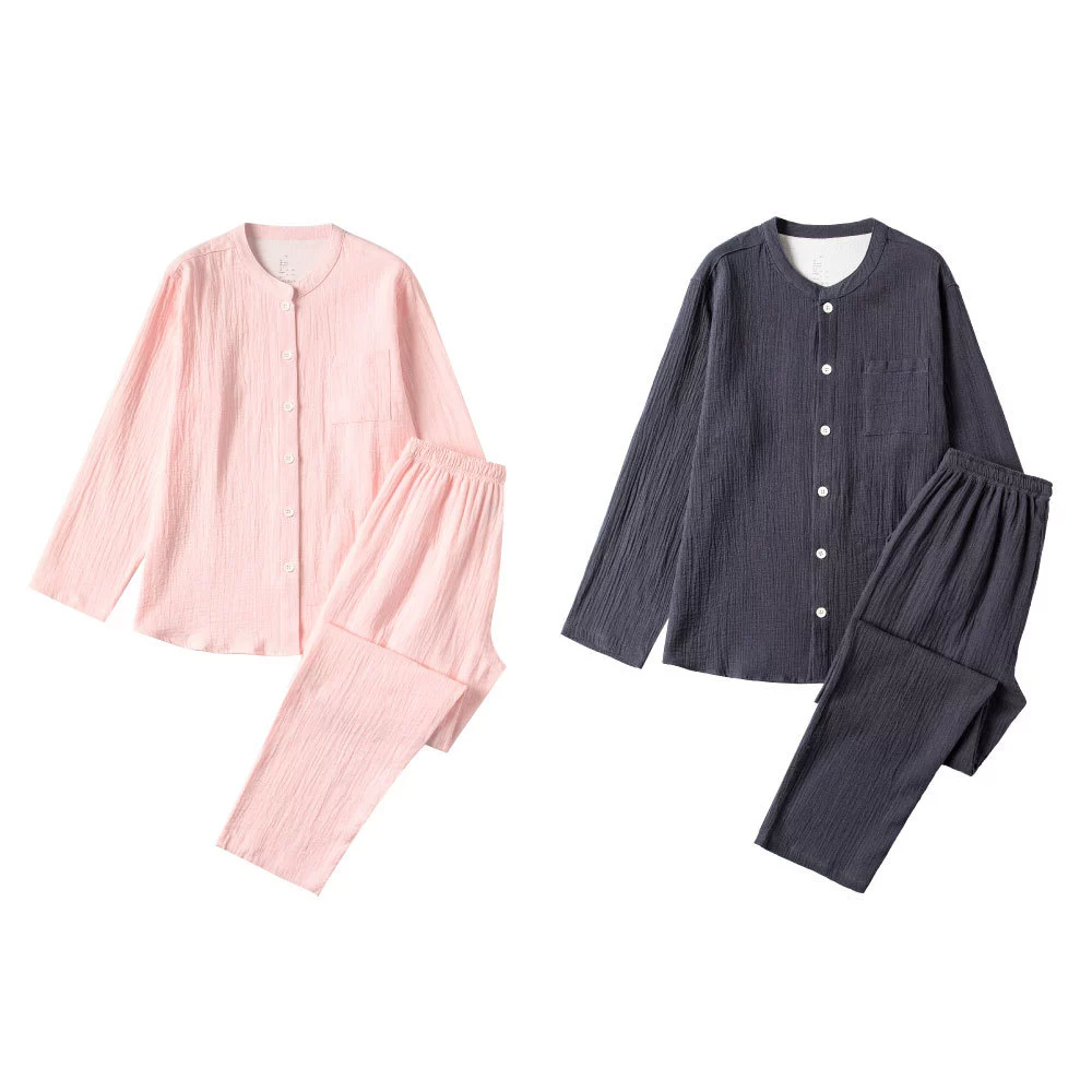 Хлопковая двухслойная пижама из марлевого крепа с воротником-стойкой, однотонная весенне-летняя новая домашняя одежда хорошего качества для пар