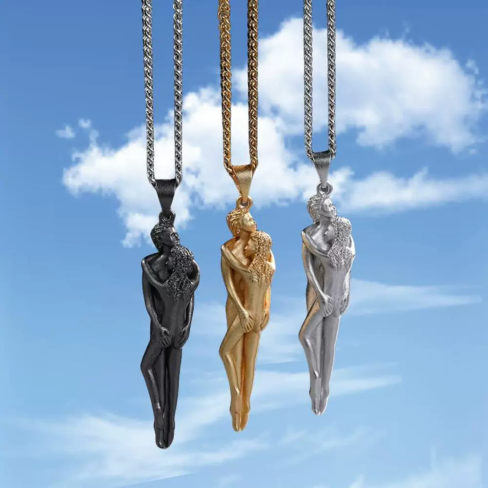 跨境TEMU热销欧美合金情侣拥抱吊坠项链枪黑金色电镀项链吊坠饰品
