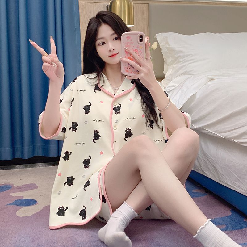 Pijamas de estudiante de verano al por mayor transfronterizo pantalones cortos de manga corta de algodón de punto para mujer lindo y suelto traje de sensación fresca y premium de estilo coreano