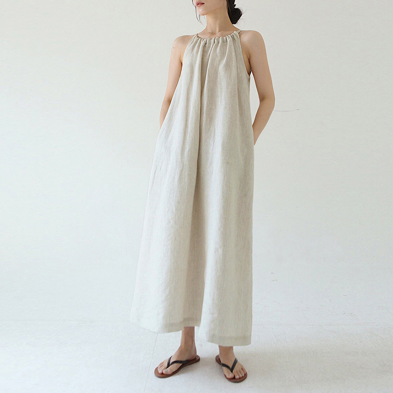 【Clearance Bargain】Off-Shoulder Halter Neck French-Style Loose-Fitting Niche Mid-Length Pure Linen Cotton Camisole Dress