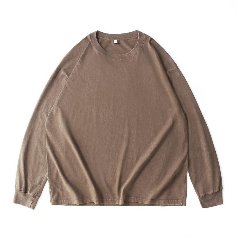 230g pure cotton washed distressed long-sleeved T-shirt for men, solid color American retro trend loose inner layer base layer printed pic 17