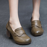 Autumn 2023 New Women's Four Seasons Single-layer Shoes Thick Mid-heel Soft Bottom Washed Top Layer Soft Cowhide Retro Style Loafers