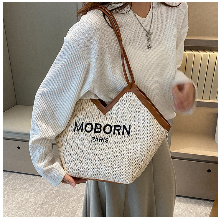 Women's Straw Letter Solid Color Fashion Weave Square Zipper Tote Bag display picture 3