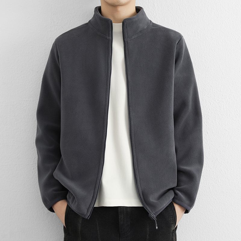 Double-Sided Fleece Stand-Up Collar Jacket for Men, Autumn and Winter Thickened Warm Fleece Jacket, Solid Color Outdoor Casual Jacket
