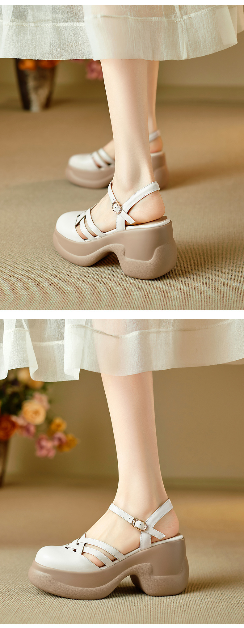 Sandal nữ quai chữ V đế bánh xốp dày dệt lồng phong cách La Mã — màu trắng ngà chi tiết 7
