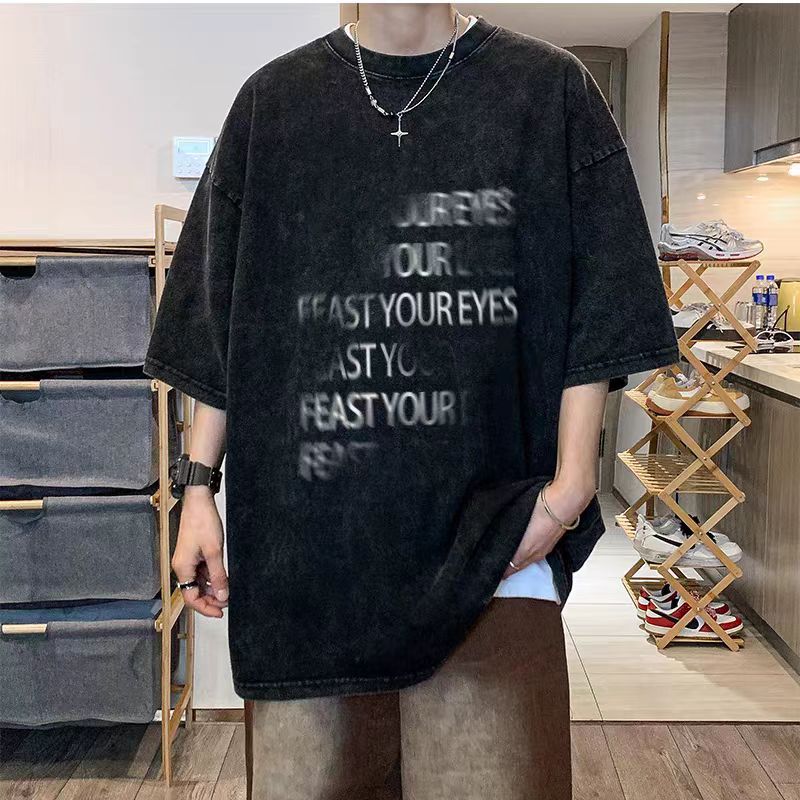 Camiseta de manga corta de algodón puro desgastado lavado retro americano para hombre, camiseta de media manga de marca holgada informal de verano para hombre