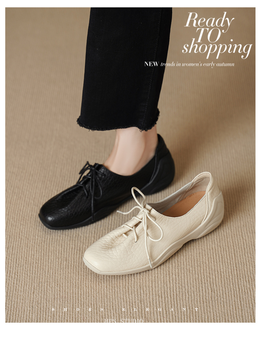 Giày lười nữ da cừu mềm phong cách DeTrain vintage, đế phẳng buộc dây — đen chi tiết 2