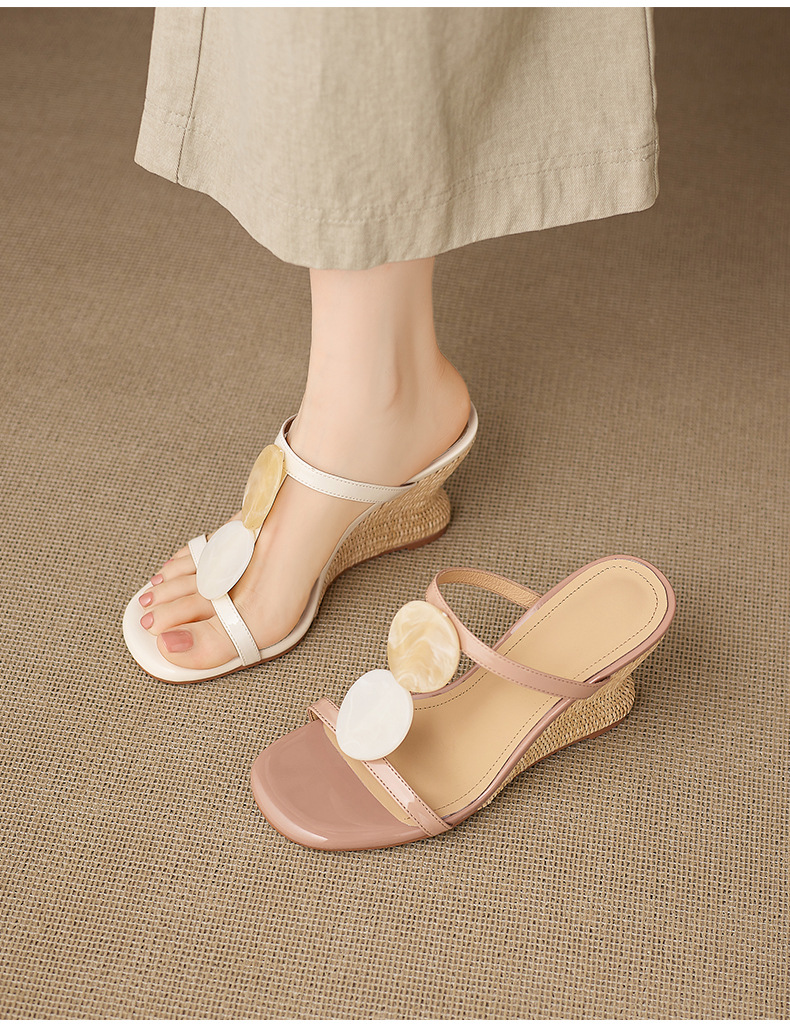 Dép sandal nữ quai chữ V đế xuồng bện rơm gót cao 7 cm — Trần truồng hồng, màu trắng ngà chi tiết 11