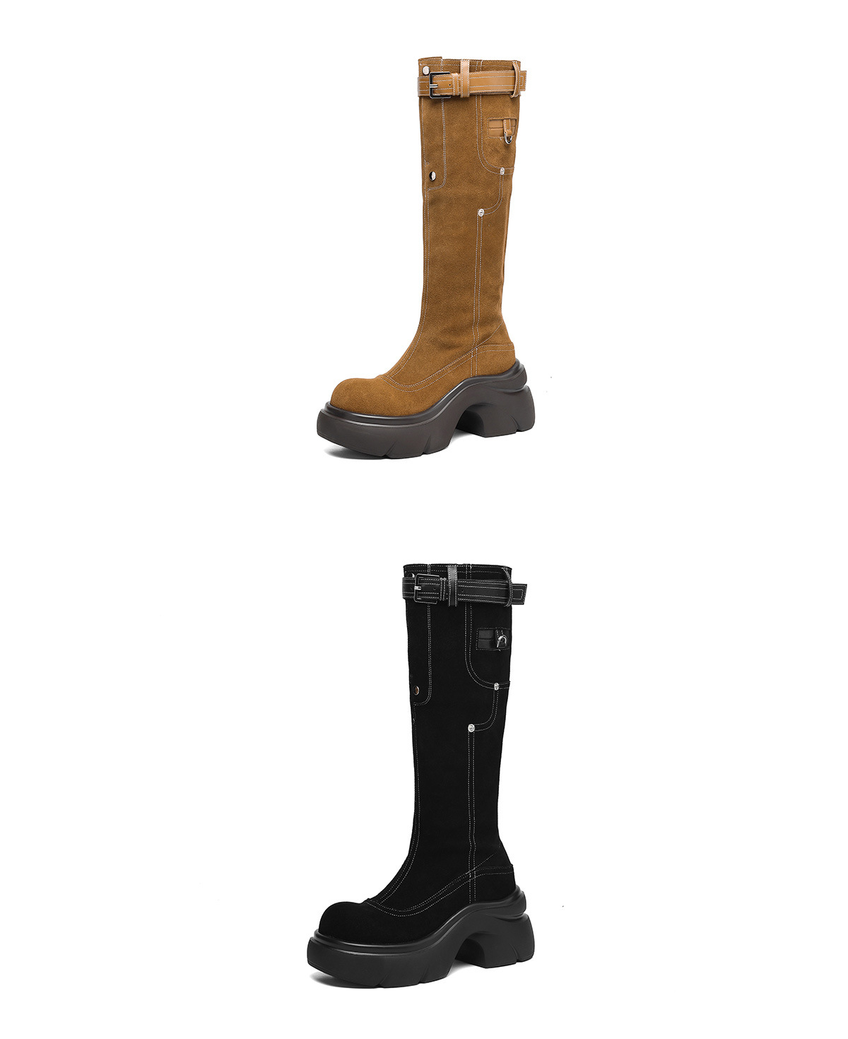 Boot nữ cao cổ hai kiểu mũi tròn đế dày phong cách Maillard da bò thời trang — Lớp lót nhung đen chi tiết 23