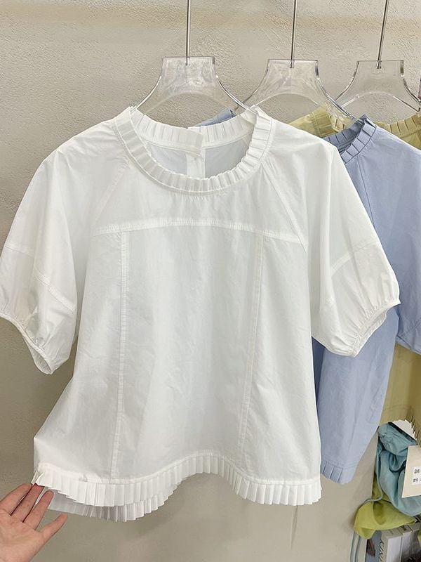 减龄圆领边短袖小衫女2025夏季新款后背扣设计感衬衫别致上衣|undefined