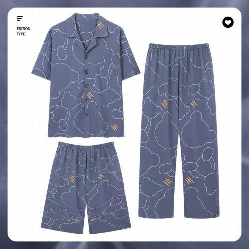 Pijamas verano de los hombres 100% algodón pantalones de manga corta pantalones cortos de verano de algodón de los hombres delgados traje de tres piezas casa