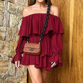 FD2172连衣裙2025新欧美潮流纯色荷叶边可爱甜美一字肩连衣裙短裙