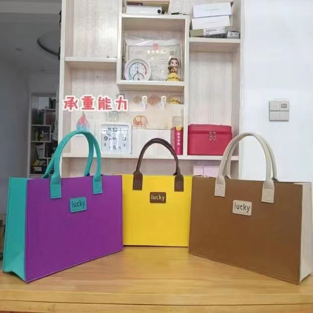 现货新款 双拼色毛毡手提袋时尚简约撞色托特包大容量毛毡包批发