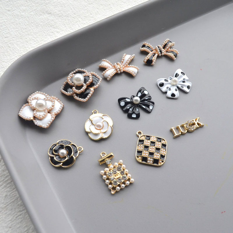 黑白小香风珍珠花朵蝴蝶结合金配件手工DIY发饰头饰发夹发绳材料