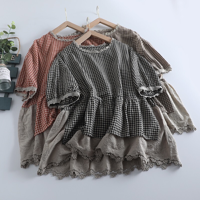Mori Lace Round Neck Plaid Doll Shirt Top Women's Artistic Fresh Cotton and Linen Shorts Ruffled Split Shirt for Summer