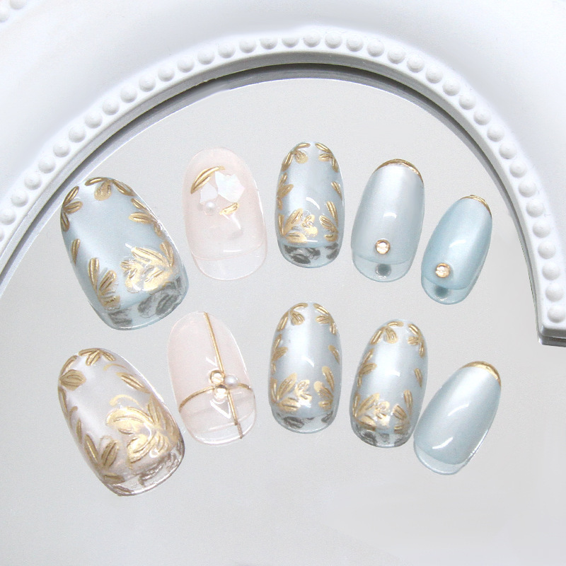 Qingtici キャットアイ 立体金箔フラワー キラキラダイヤモンド フラグメントパール クールインスタイル 取り外し可能 ウェアラブルネイル 24枚|undefined