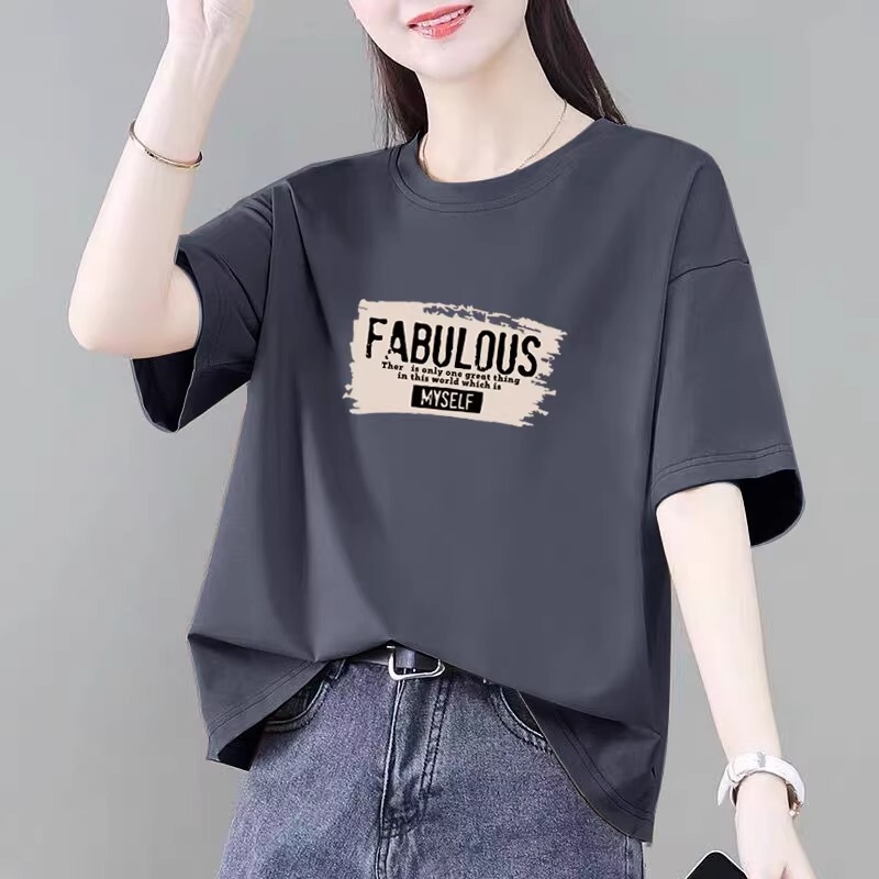 Gray High-Quality Pure Cotton Short-Sleeved T-Shirt for Women, Summer Loose Casual Versatile European High-End Top