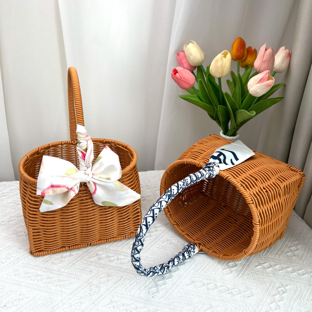 Artesanía de imitación de la nueva mano de regalo de mano de la cesta de almacenamiento atada arco de envío de decoración floral pequeña cesta de flores image 3