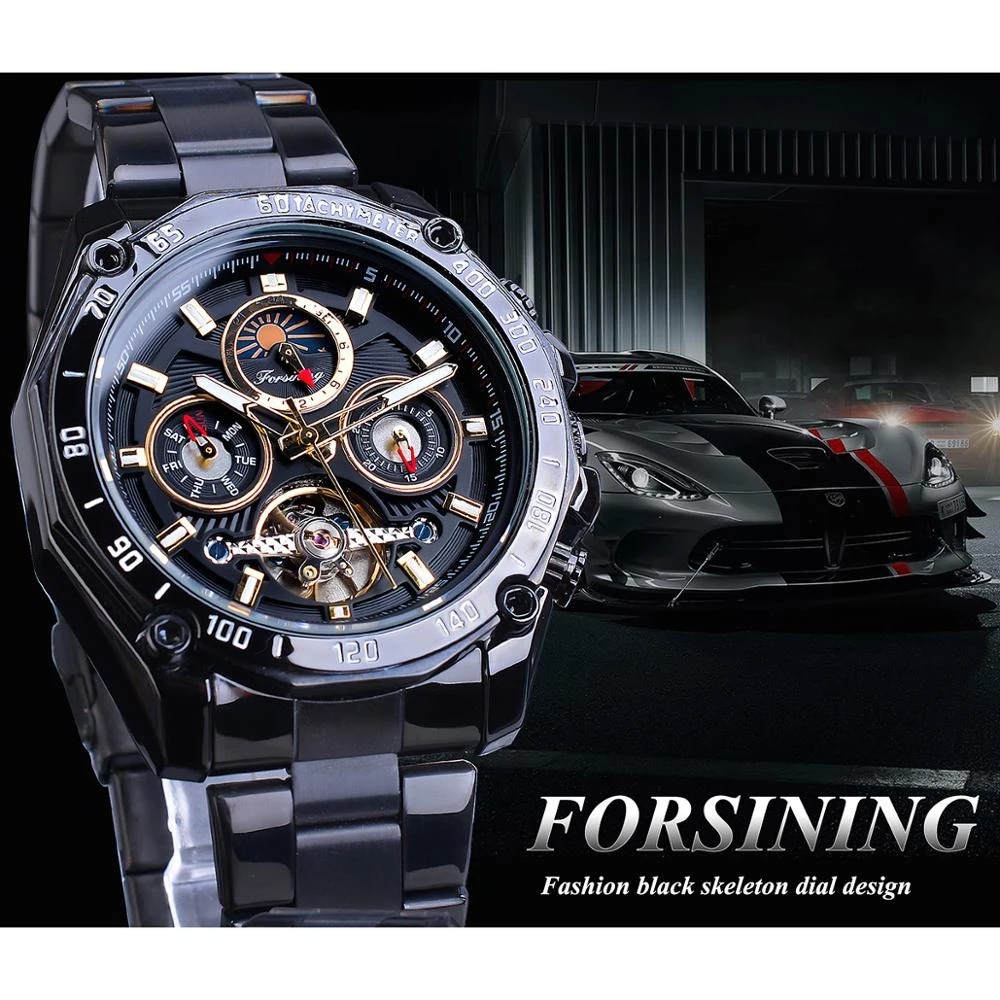 Forsining Black Three Plate Men's Mechanical Watch Automatic Tourbillon Hollow Moon Phase Weekly Steel Band Watch_voghion.com