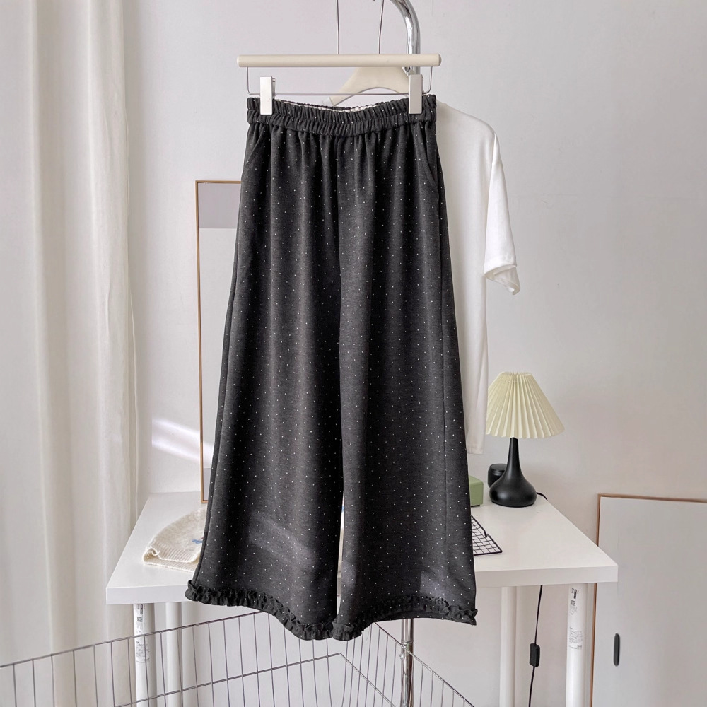 韩系百搭波点花边毛呢直筒裤女秋季2025新款显瘦高腰休闲裤子6416