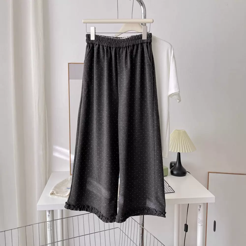 韩系百搭波点花边毛呢直筒裤女秋季2025新款显瘦高腰休闲裤子6416