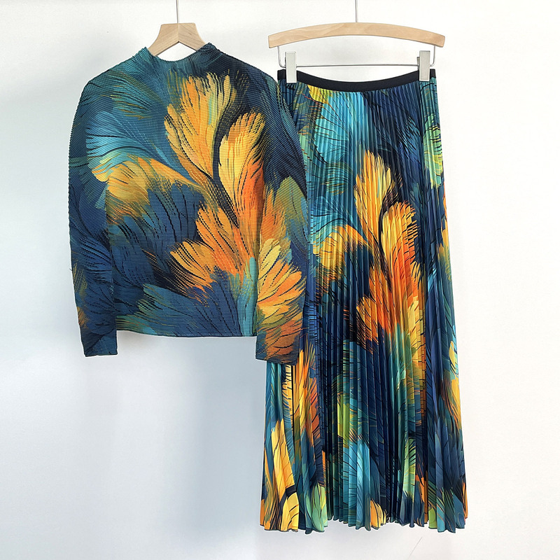 Sanzhai new spring and autumn pleated suit series fashionable printed elegant large swing skirt Stretch Slim T-shirt