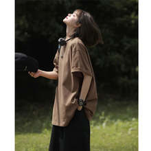 日杂风穿搭咖啡色t恤女夏季初高中学生短袖正肩情侣7分袖上衣
