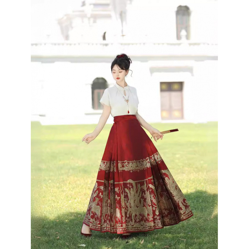 New Chinese Style Button-Up Stand Collar Short-Sleeve Shirt in Burgundy with Gold Phoenix Embroidery, Hanfu Wedding Dress for Women, Toast Dress