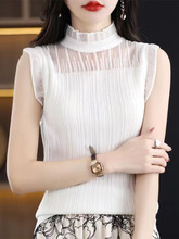 法式洋气无袖背心女半高领内搭西装白色上衣蕾丝冰丝针织短袖女