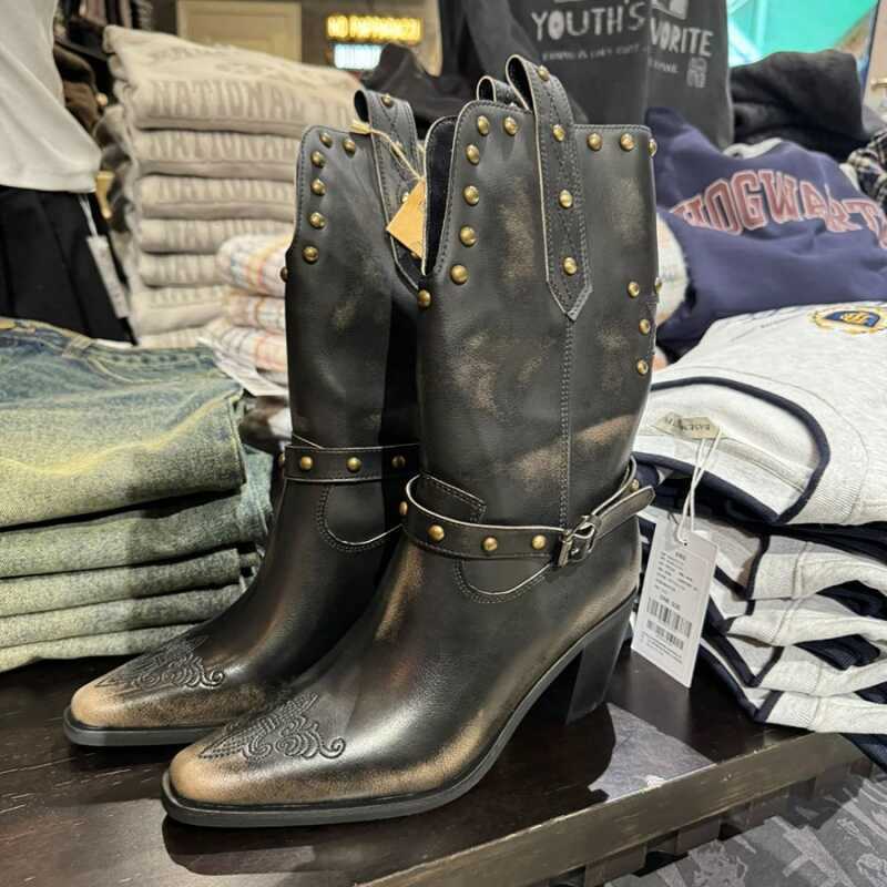 Rivet Knight Boots Chunky Heel Cowboy Boots for Women 2024 Wasteland Style High Heel Distressed Western Long Boots for Women Vintage Style