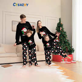 跨境圣诞亲子睡衣全家福拍照装圣诞老人背包彩灯OH印花黑色家居服