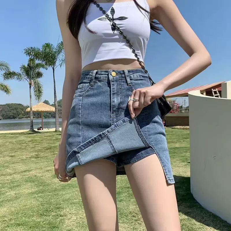 牛仔短裙女2024年夏季新款高腰显瘦大裙摆小个子a包臀半身裙裤裙