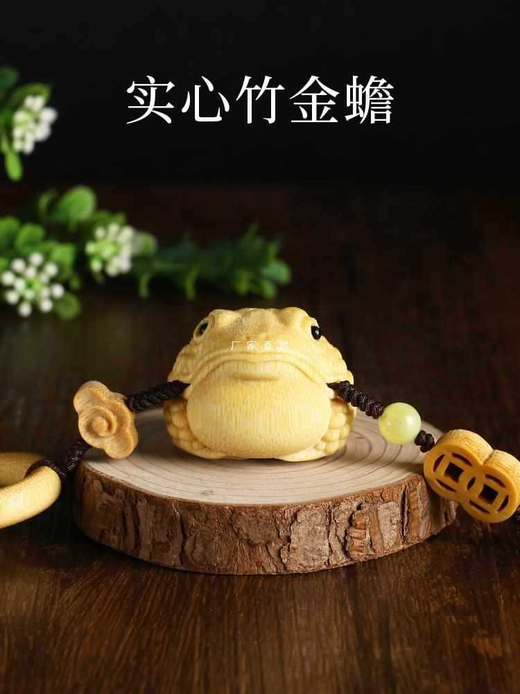 Old Material Bamboo Zhi Zhu Solid Bamboo Handle Piece with Gold Toad Carving, Natural Yellow Peel Craftsmanship Ornament Stand with Crystal Material