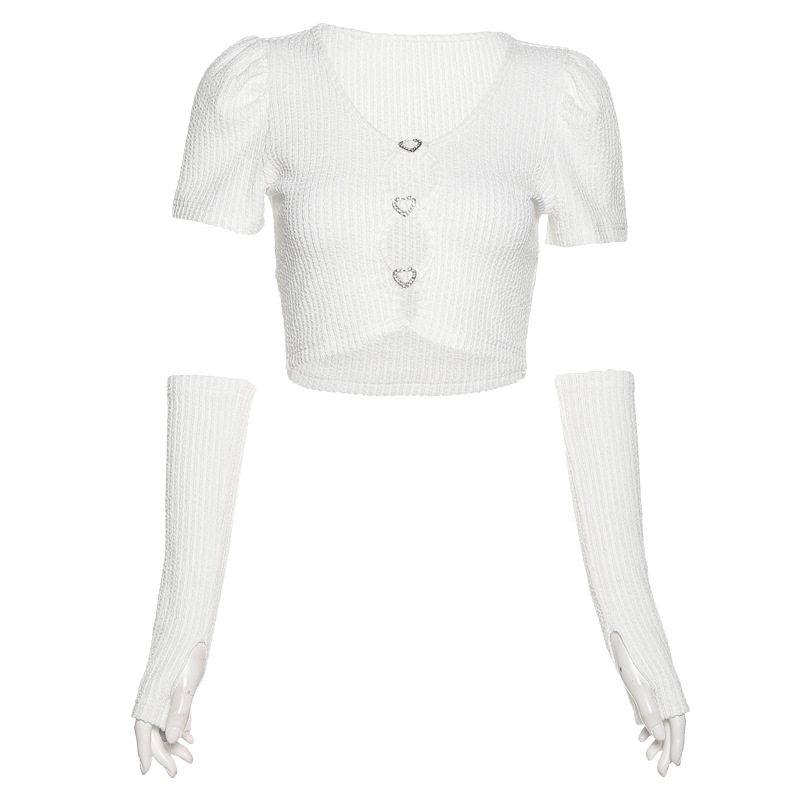 hollow short sleeve slim short solid color knitted top with sleeve covers NSSS118885