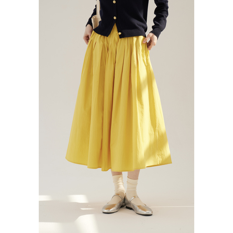 Sullenger 2026 Spring New Bright Yellow Xinjiang Long-Staple Cotton Elastic Pleated Large Hem Umbrella Skirt for Women