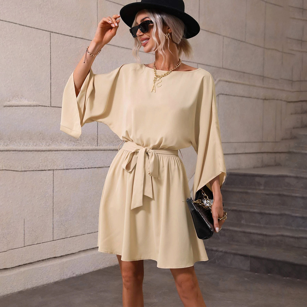 Womens Long Sleeve Dress Round Neck Elastic Waist A Line Skirt Elegant Style for Casual Occasions Wholesale