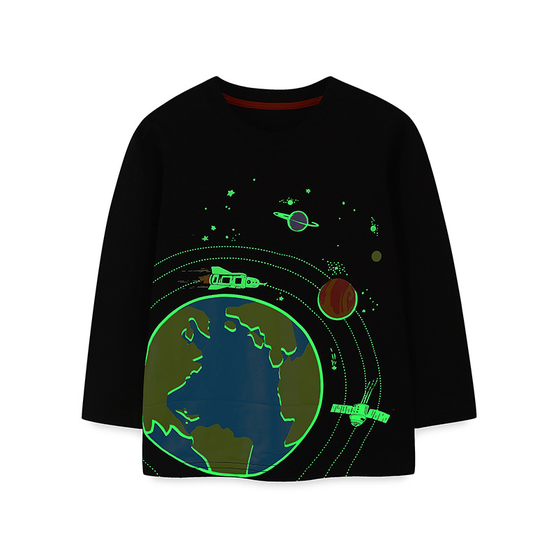 Suministro transfronterizo, nueva camiseta de manga larga de otoño para niños, top con estampado fluorescente espacial de dibujos animados