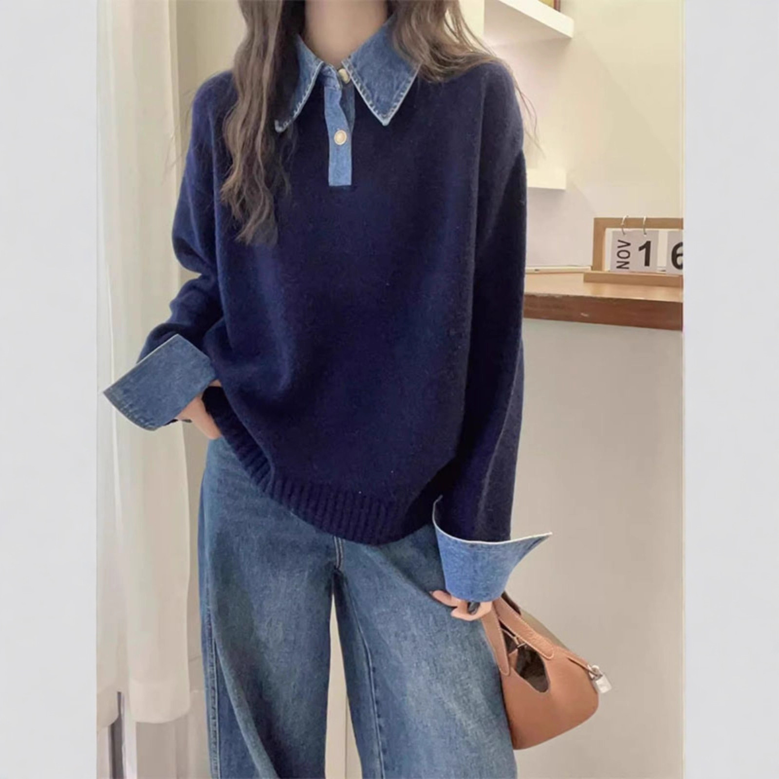 欧洲站2025秋冬新款韩版气质Polo领牛仔拼接针织衫假两件毛衣女装