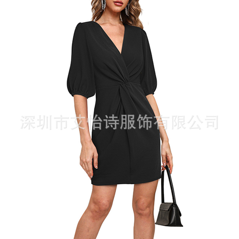 Amazon 2024 Cross-border European and American Temperament Women's V-collar Bubble Sleeve Solid Color Mid-waist Pleated Stitching dress Amazon 2024 Cross-border European and American Temperament Women's V-collar Bubble Sleeve Solid Color Mid-waist Pleated Stitching dress