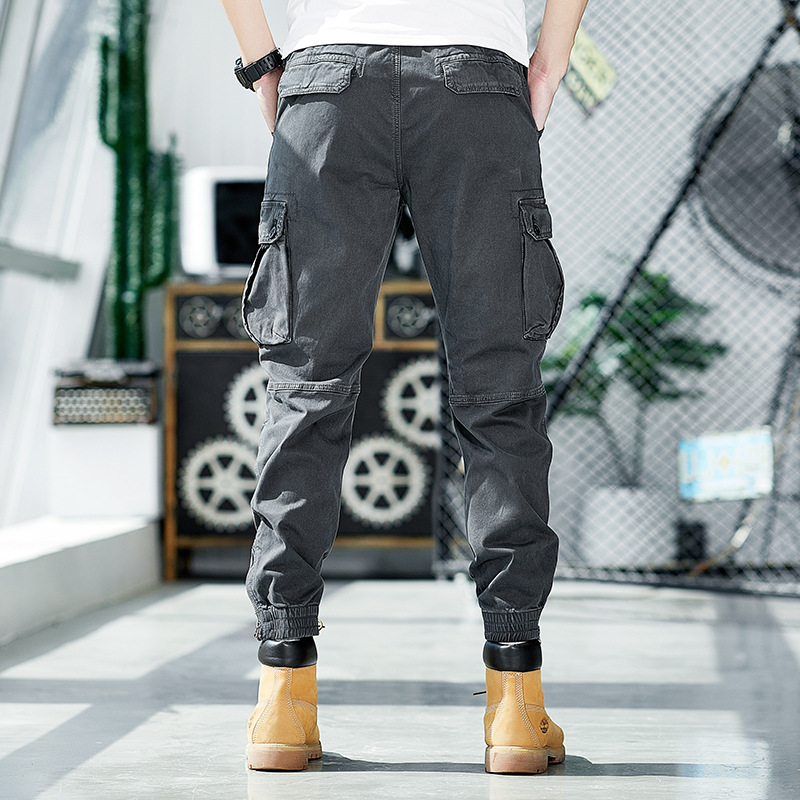 Lavado pesado multi-bolsa guardapolvos de los hombres de primavera y otoño de algodón estiramiento suelta recta marca de moda Pantalones con cremallera pantalones Casuales