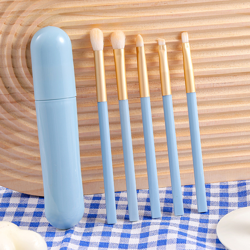 Macaron 5 conjuntos de cepillo de sombra de ojos, paquete de cepillo de maquillaje portátil azul 5 en 1, cepillo de alto brillo, cepillo de halo