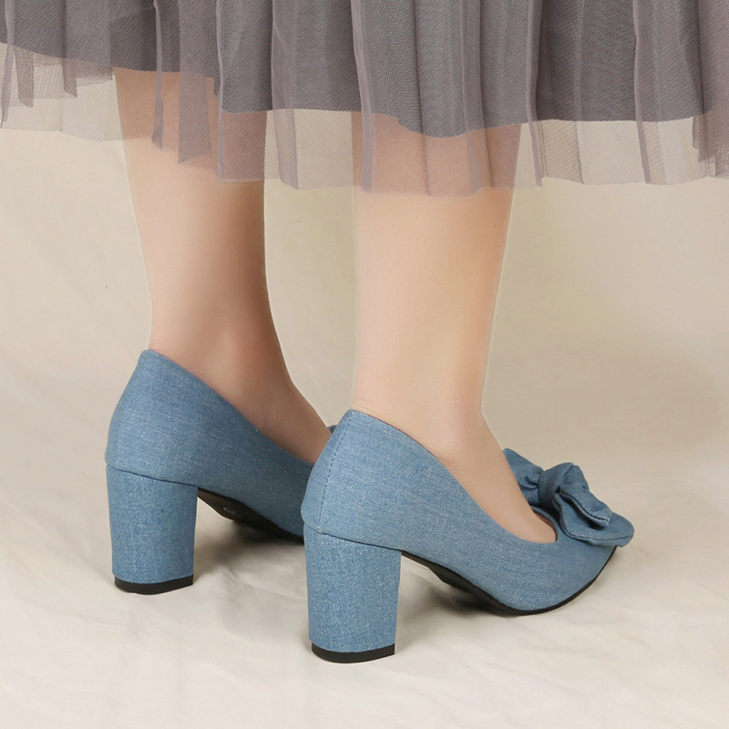 Lente Lage Uitsnijding Strik Dikke Hak Puntige Neus Hoge Hakken voor Dames Plus Size Elegante Denim Modieuze Export Schoenen_voghion.com