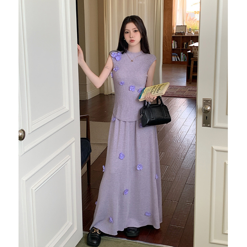 实拍设计感法式立体绣花针织背心上衣长款高品质半身裙两件套装女|undefined