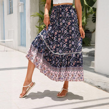 2025欧美夏季新款亚马逊人棉甜美波西米亚拼接长款度假A字半身裙