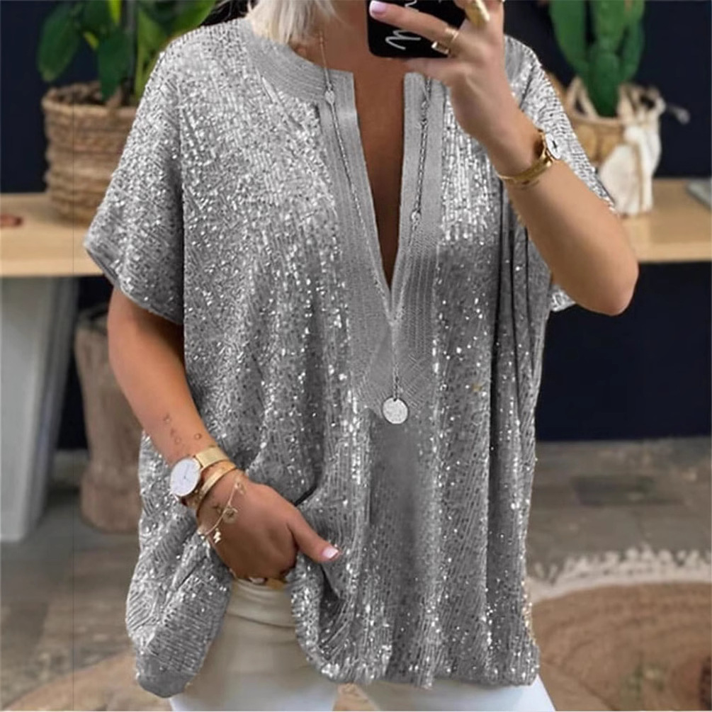 Abbigliamento donna casual, camicetta a maniche corte con scollo a V e paillettes, vestibilità ampia, top con scollo a V profondo per abbigliamento casual_voghion.com