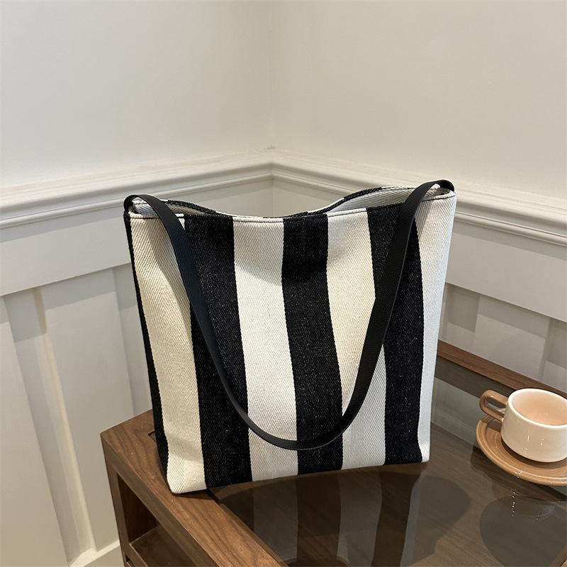 Bolsa de lona de gran capacidad, bolsa de hombro a rayas de mujer, texturas extranjeras, bolsas de compras coreanas, bolsas de tela portátiles.